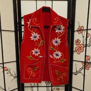 Vintage Red Embroidered Floral Vest